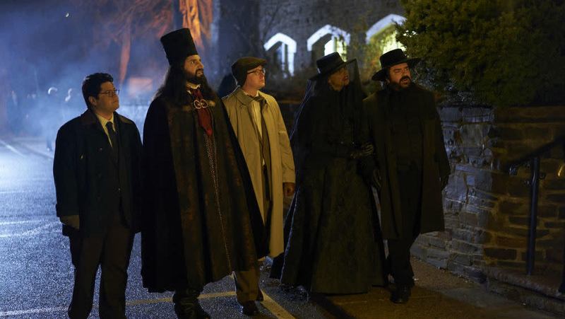 A family outing in “Ancestry.” From left: Guillermo (Harvey Guillén), Nandor (Kayvan Novak), Colin Robinson (Mark Proksch), Nadja (Natasia Demetriou), and Laszlo (Matt Berry).